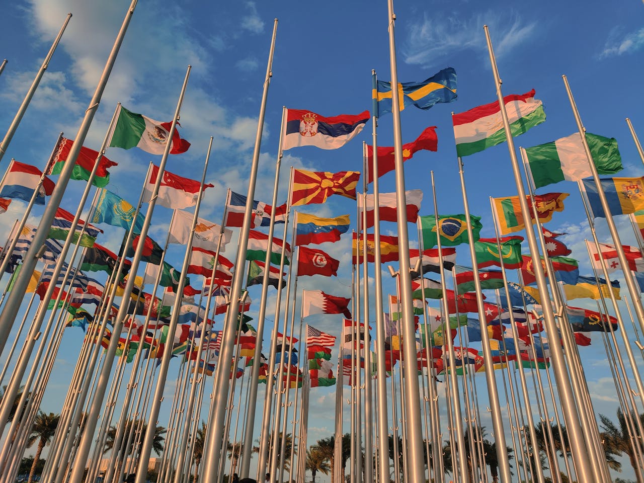 about-img A diverse collection of national flags waving under a vibrant blue sky.