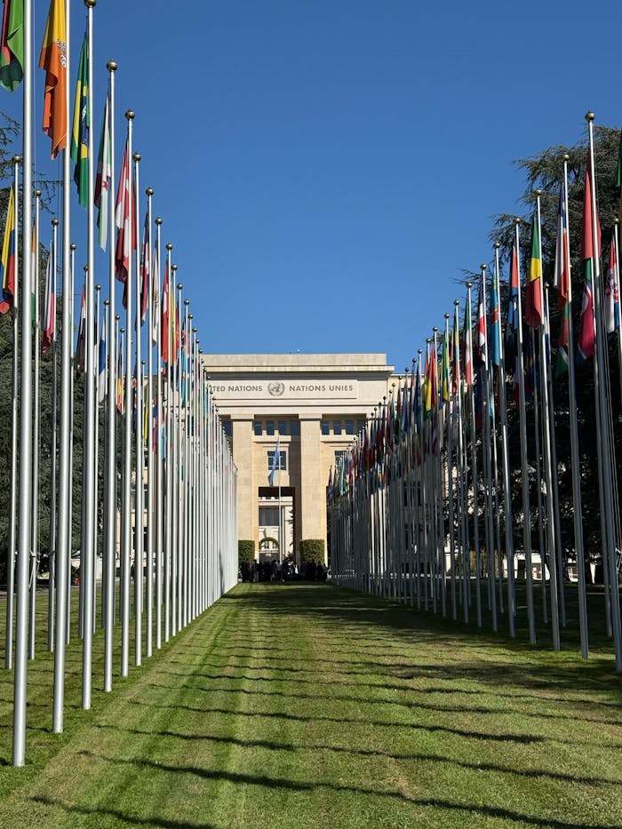 our-experience Flags line the pathway to the United Nations building in Geneva, Switzerland on a sunny day.