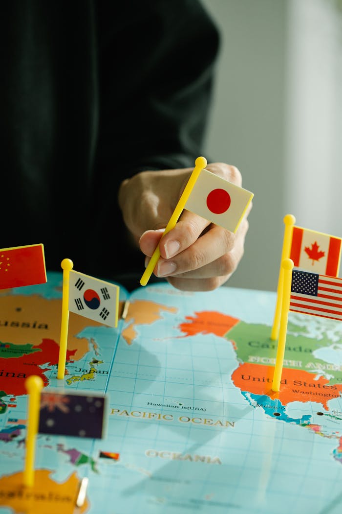 services-03 Close-up of hand placing Japanese flag on world map surrounded by various country flags.